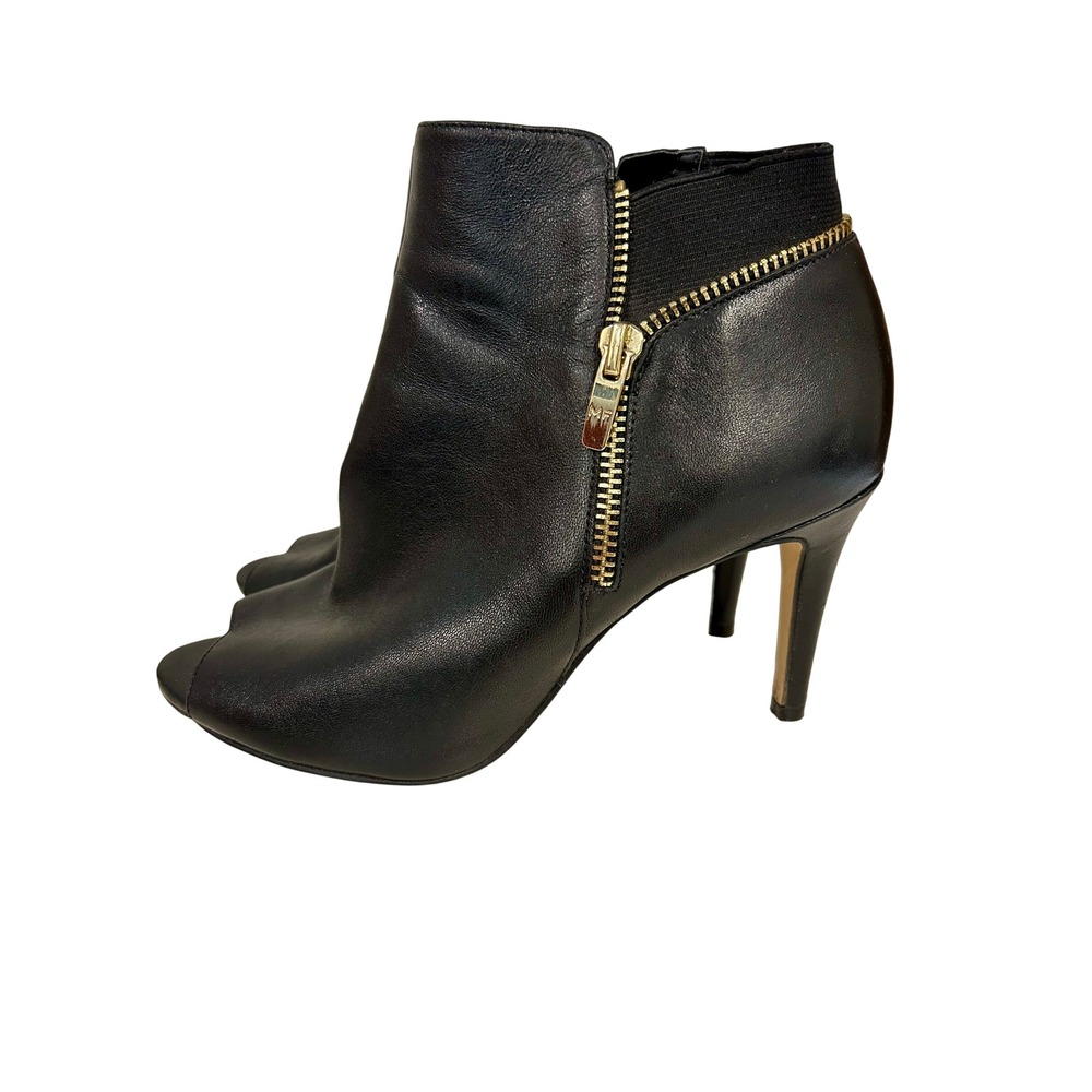 Marc Fisher Serenity Black Leather Peep Toe Ankle Boots Gold Zip 7W
